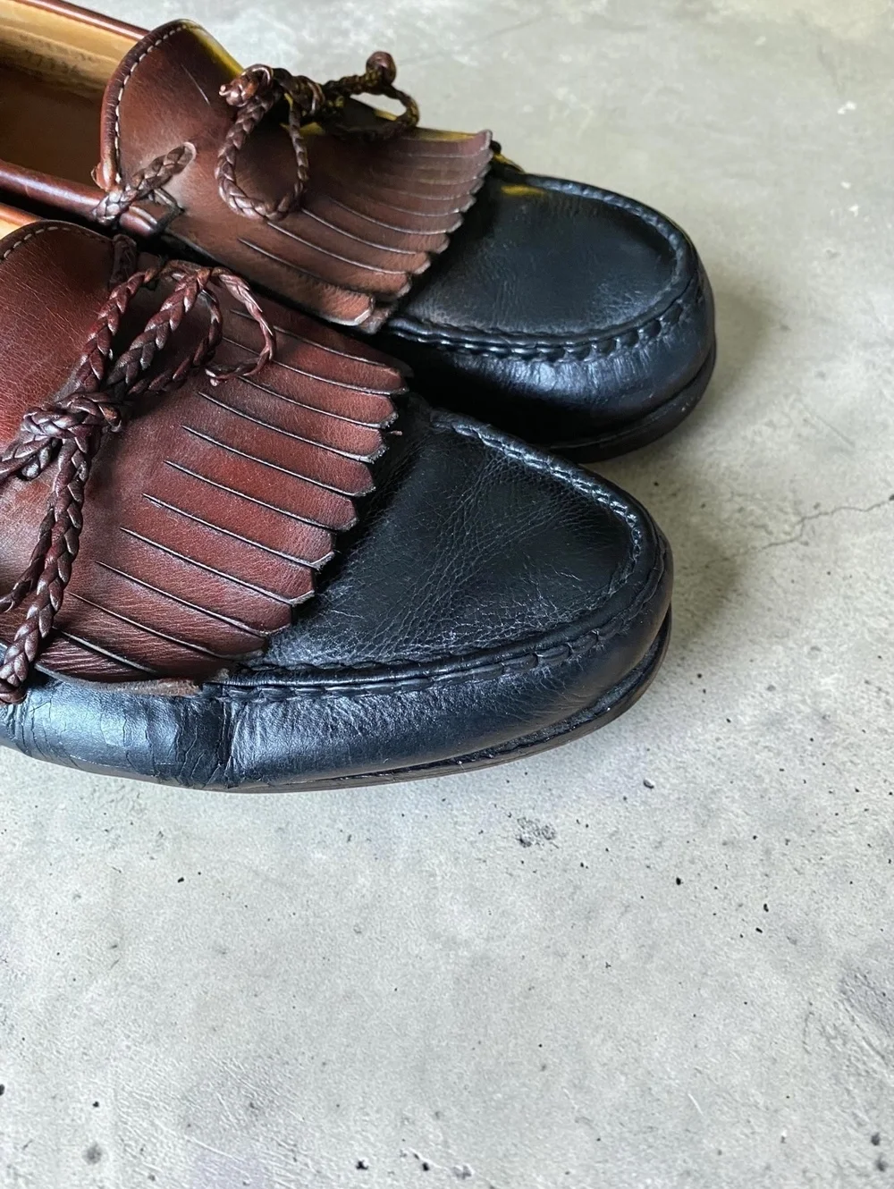 Vintage Mens Loafers Size 13 Kiltie Fringe Black Brown Leather 90s Dress Shoes